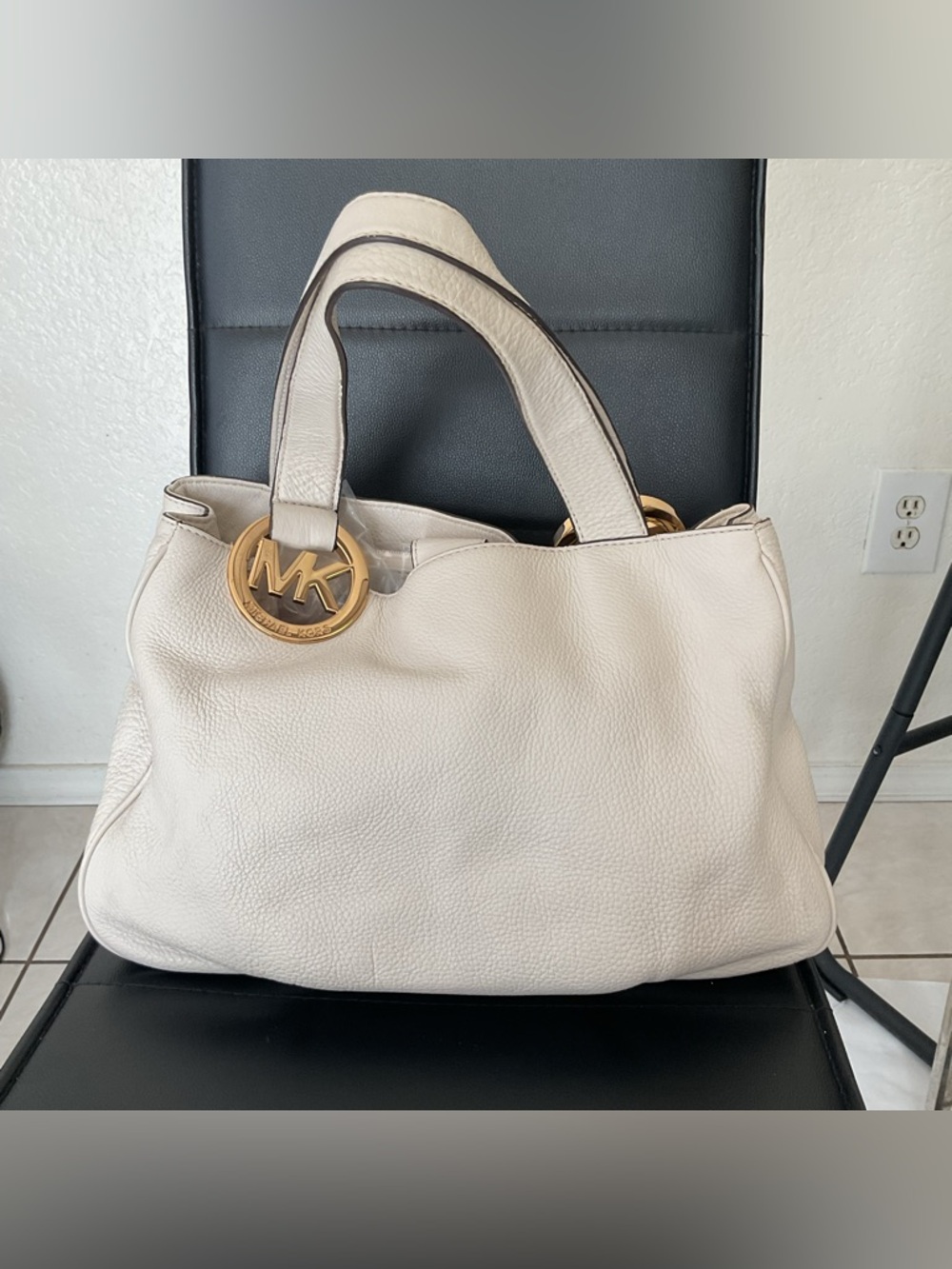Michael Kors Cream Pebbled Leather Tote with Gold MK Charm